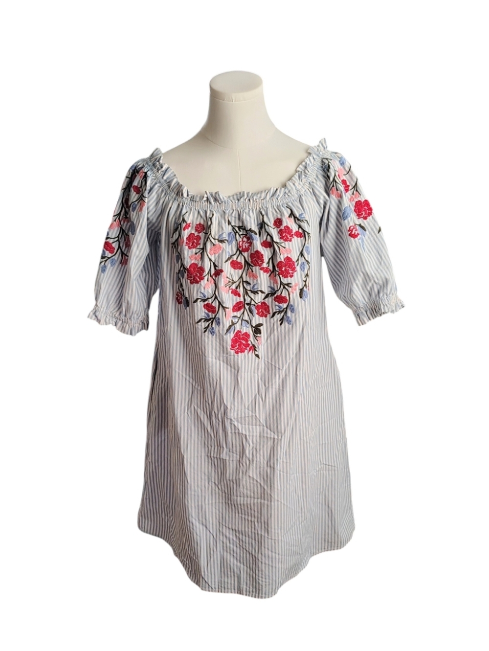 Signature Studio Blue White Striped Floral Cottage Dress Size Medium 100% Cotton